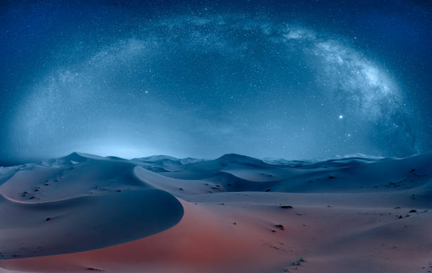 A luxurious tented camp under the night sky in the Sahara Desert